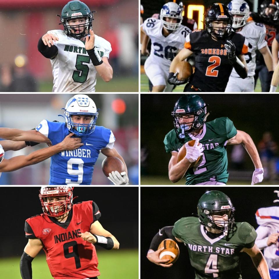 The 2023 Daily American Somerset County All-23 Football Team All-Stars include, bottom row, from left, Conemaugh Township's Jon Updyke, North Star's Ethan Eller, middle, Windber's Evan Brady, North Star's Ethan Smith, top, North Star's Connor Yoder and Somerset's Camden Lowery.