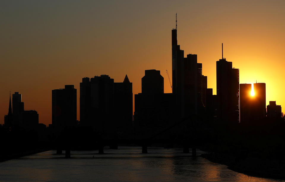 The skyline with its financial district is photographed during sunset in Frankfurt, Germany, April 22, 2020, as the spread of the coronavirus disease (COVID-19) continues.   REUTERS/Kai Pfaffenbach