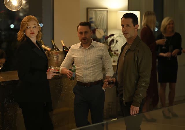 <p>HBO</p> Jeremy Strong (right) with Kieran Culkin and Sarah Snook on 'Succession'