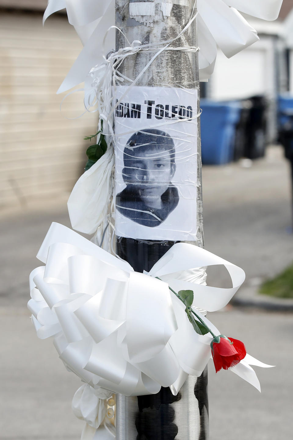 A small memorial where 13-year-old Adam Toledo was shot and killed by a Chicago police officer in the Little Village neighborhood (Kamil Krzaczynski / Getty Images)