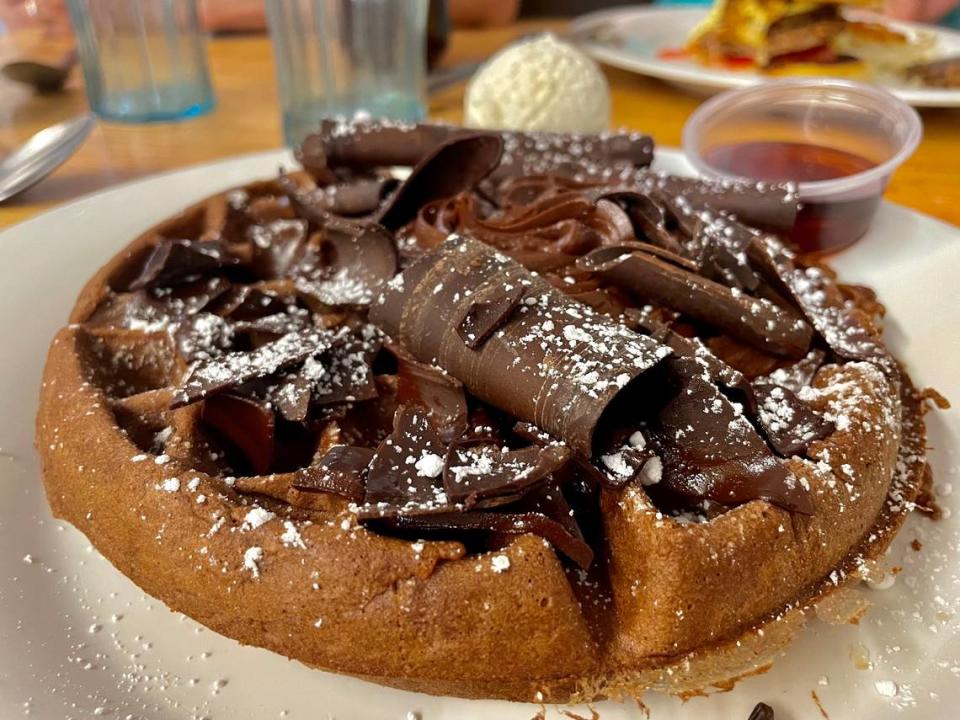 The Morning Fork’s waffles tend to be sweet, especially the orange chocolate ($14).