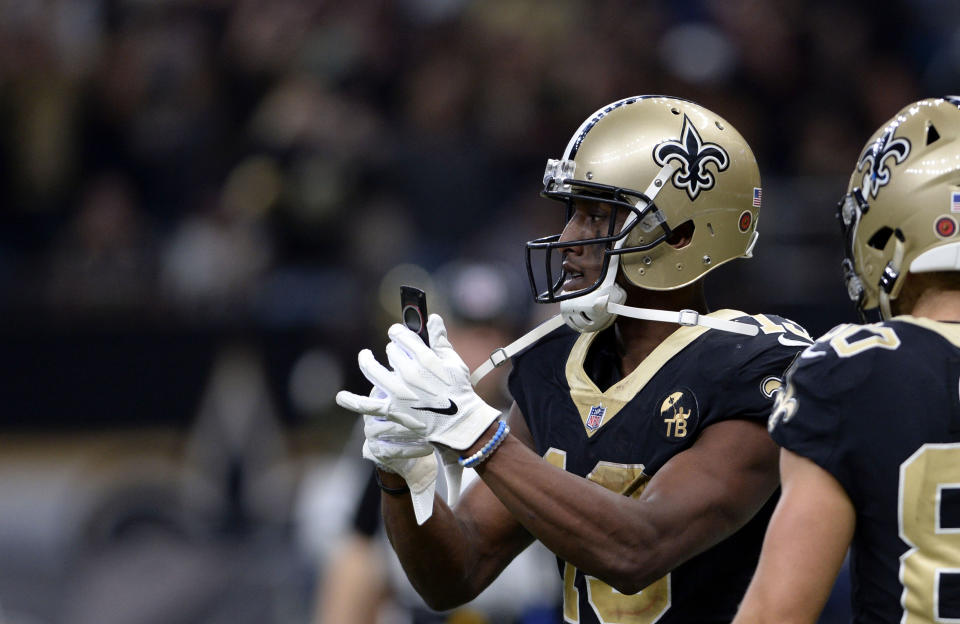 New Orleans Saints wide receiver Michael Thomas pulled off an incredible celebration tribute for Joe Horn earlier this season. (AP Photo/Bill Feig)