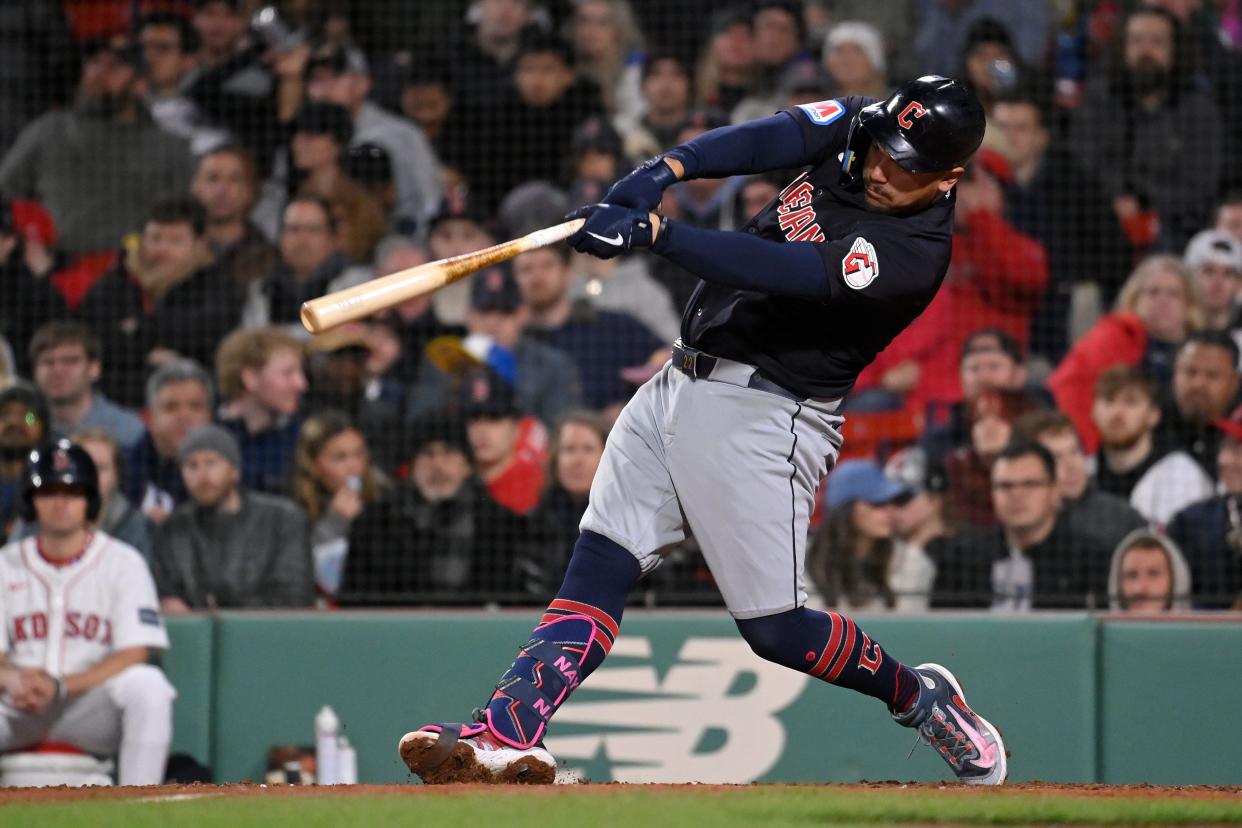 Apr 17, 2024; Boston, Massachusetts, USA; Cleveland Guardians first baseman Josh Naylor (22) bats against the Boston Red Sox during the seventh inning at Fenway Park. Mandatory Credit: Eric Canha-USA TODAY Sports