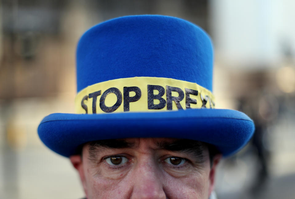 Undated photo of a remain protester demonstrating their allegiance with headwear in Westminster. (Source: PA)