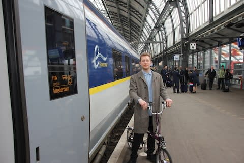 Telegraph Travel's Gavin Haines boards the new Eurostar service with his bike - Credit: Gavin Haines