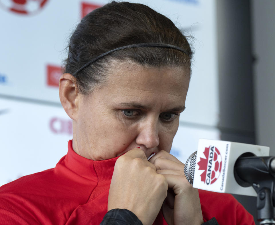 Canada's national women's soccer team captain Christine Sinclair listens to a question as she speaks to the media, for the first time since announcing her retirement, Thursday, Oct. 26, 2023, in Montreal. (Ryan Remiorz/The Canadian Press via AP)