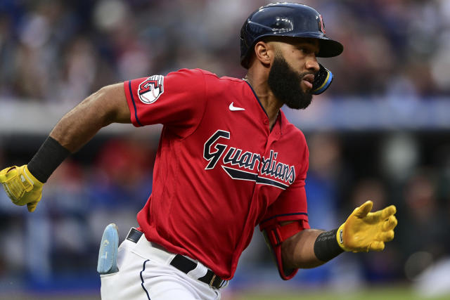 Cleveland Guardians' Amed Rosario runs after hitting an RBI double during the sixth inning of the team's baseball game against the Los Angeles Angels, Saturday, May 13, 2023, in Cleveland. (AP Photo/David Dermer)