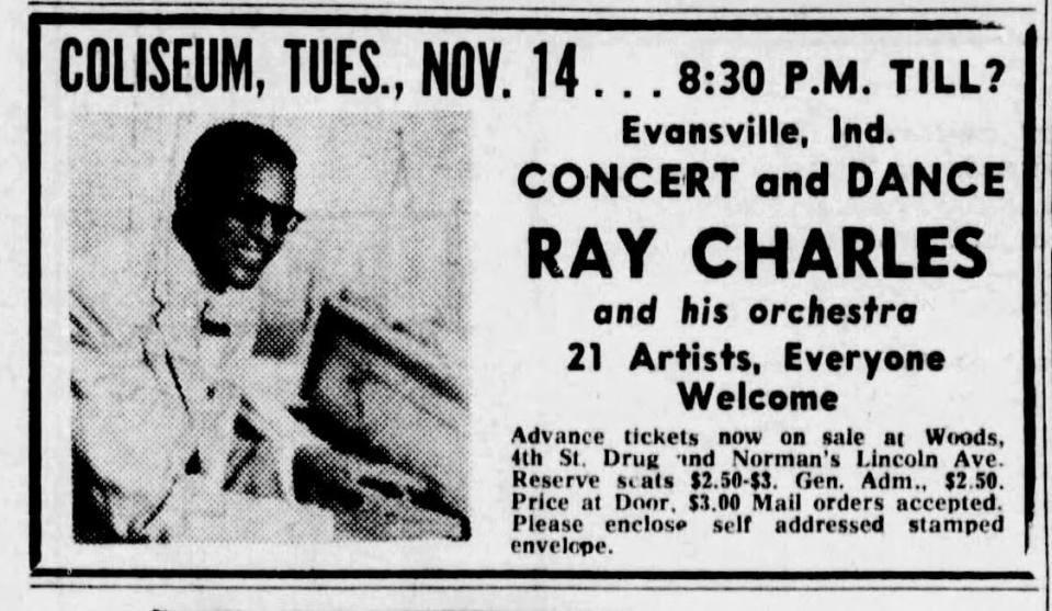 A advertisement for Ray Charles at the Coliseum in the Evansville Sunday Courier & Press on Oct. 29, 1961. 