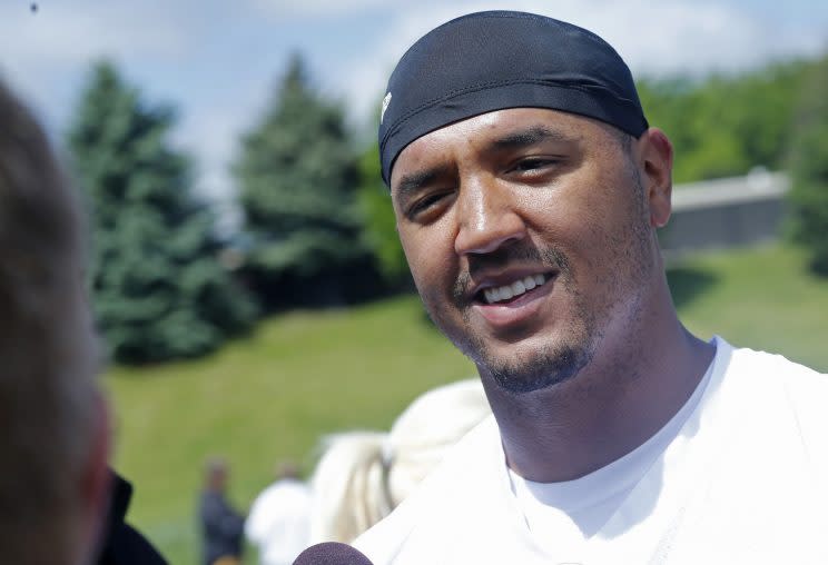 Michael Floyd speaks to the media after a Vikings practice in May. (AP)