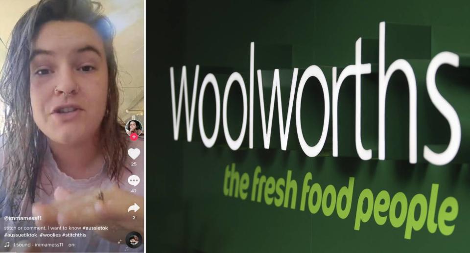 TikToker female on left, Woolworths logo on right. Source: TikTok/immamess11(left)/ Reuters (right)