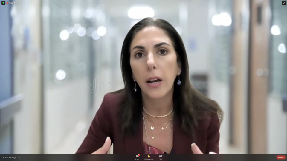 Dr. Lilian Abbo, an infectious disease specialist at Jackson Health, in a screenshot at a video conference call with media on July 20, 2021. Jackson announced its new restricted visitation policy and stressed the need for the public to get vaccinated for COVID-19.