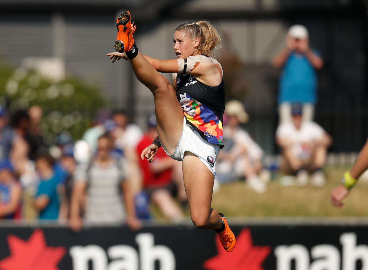 This photo of Tayla Harris of the Blues, kicking the ball during the 2019 NAB AFLW Round 07 match on March 17, 2019, in Melbourne, Australia, has gone viral, attracting gutter-minded trolls. (Photo: Michael Willson/AFL Media)