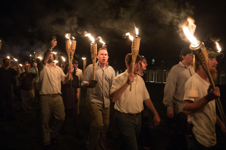 White nationalists march through the University of Virginia campus in Charlottesville, Va., on Aug. 11, 2017. (Photo: Evelyn Hockstein for the Washington Post via Getty Images)