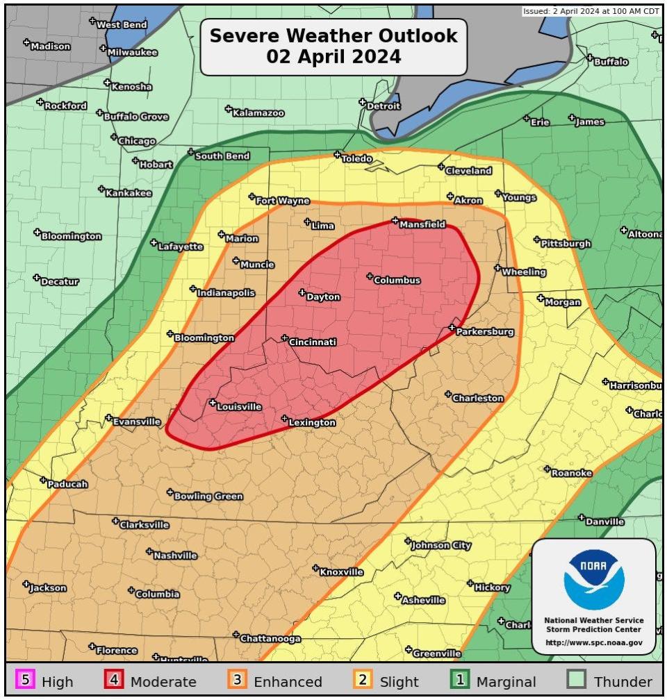 The Severe Weather Outlook for Tuesday from the National Weather Service shows the Greater Cincinnati region is under a moderate, level 4 out of 5, risk for severe weather.