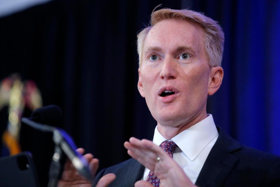 Republican Sen. James Lankford speaks to a crowd Tuesday, Nov. 8, 2022, during a GOP election night watch party after Lankford was declared the winner in his race in Oklahoma City.