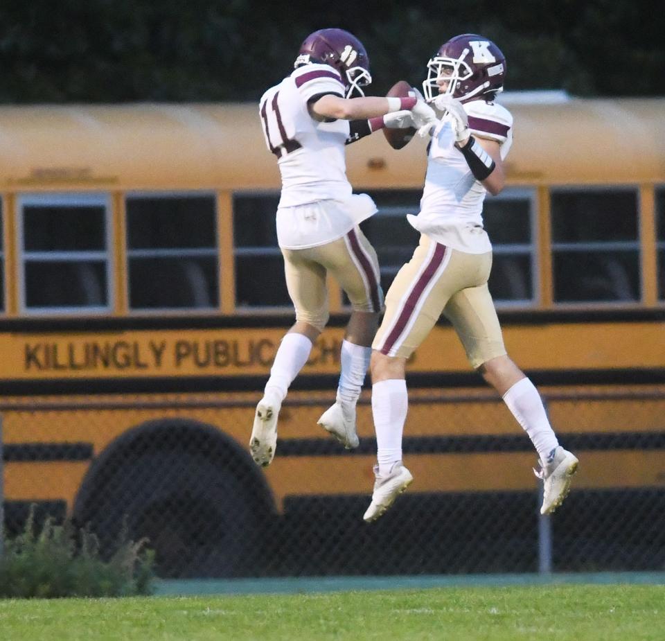 Killingly's Ben Jax, right, celebrates his touchdown with teammate Noah Colangelo during Killingly's win against Griswold earlier this season.