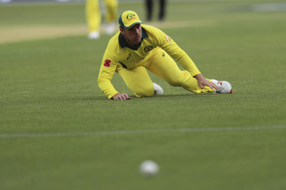 Australia's Aaron Finch watches a ball from South Africa's Reeza Hendricks run to the boundary after he missed a catch during their one-day international cricket match in Perth, Sunday, Nov. 4, 2018. (AP Photo/Trevor Collens)