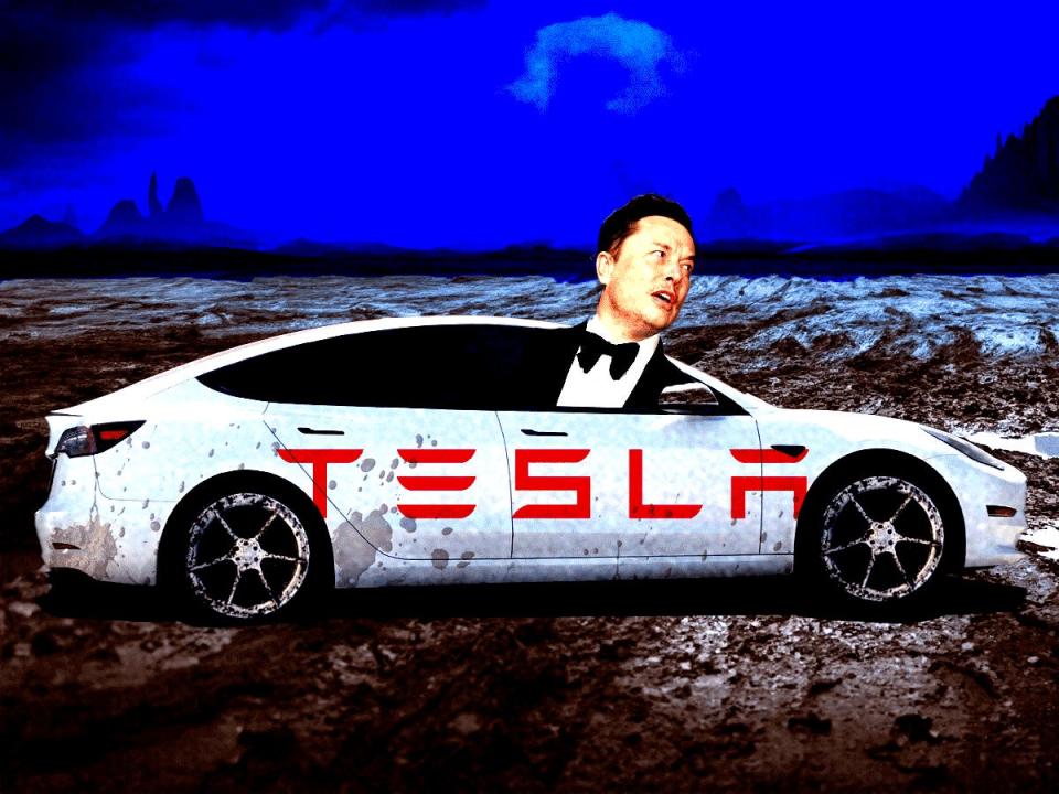 Elon Musk in an animated Tesla taxi spinning its wheels in mud with a blue background