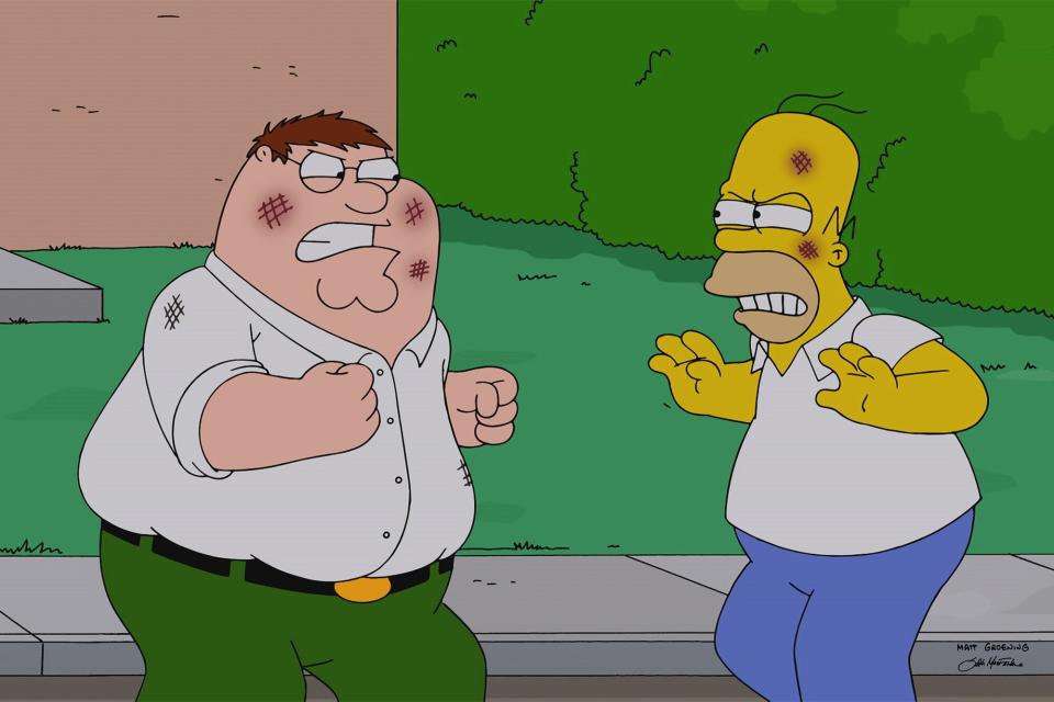 FAMILY GUY: Peter and the Griffins get out of dodge and end up in Springfield, where they are greeted by a friendly stranger named Homer Simpson, who welcomes his new ?albinou0022 friends with open arms. The families get along famously: Stewie and Bart make out like bandits when Stewie trades in his mind control device for a good old fashioned slingshot; Lisa akes Meg under her wing and teaches her the saxophone; and Peter and Homer fight over the best beer in town ? Pawtucket vs Duff in the season premiere ?The Simpsons Guyu0022 episode of FAMILY GUY airing Sunday, September 28 (9:00-10:00 PM ET/PT) on FOX. FAMILY GUY/THE SIMPSONS ? and u00A9 2014 TCFFC ALL RIGHTS RESERVED.