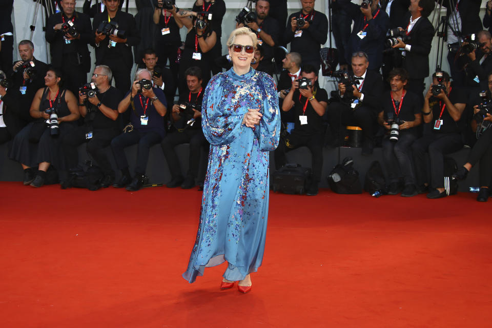 FILE - Actress Meryl Streep poses for photographers upon her arrival at the premiere of the film 'The Laundromat' at the 76th edition of the Venice Film Festival, Venice, Italy, Sunday, Sept. 1, 2019. Meryl Streep has won one of Spain’s most prestigious awards in the arts for her long career of acting excellence, the jury of the Princess of Asturias awards said Wednesday. (Photo by Joel C Ryan/Invision/AP, File)