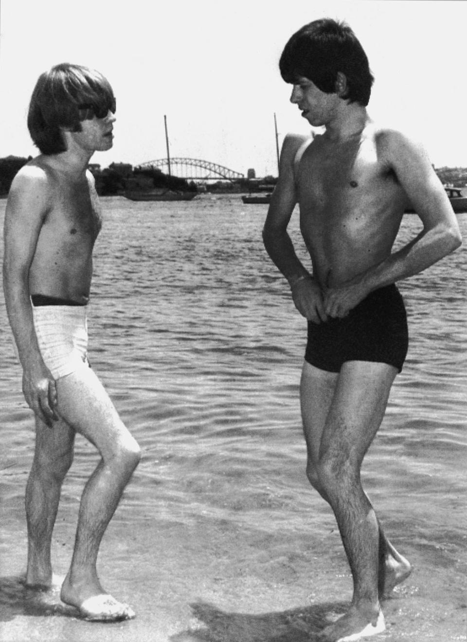 <p>Brian Jones and Keith Richards of the Rolling Stones at Double Bay beach in Sydney, Australia, in 1965. </p>