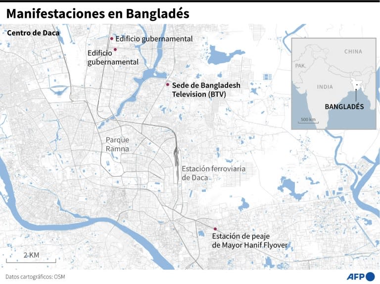 Mapa localizando los edificios incendiados durante las manifestaciones estudiantiles en Daca durante la semana pasada (Janis Latvels)