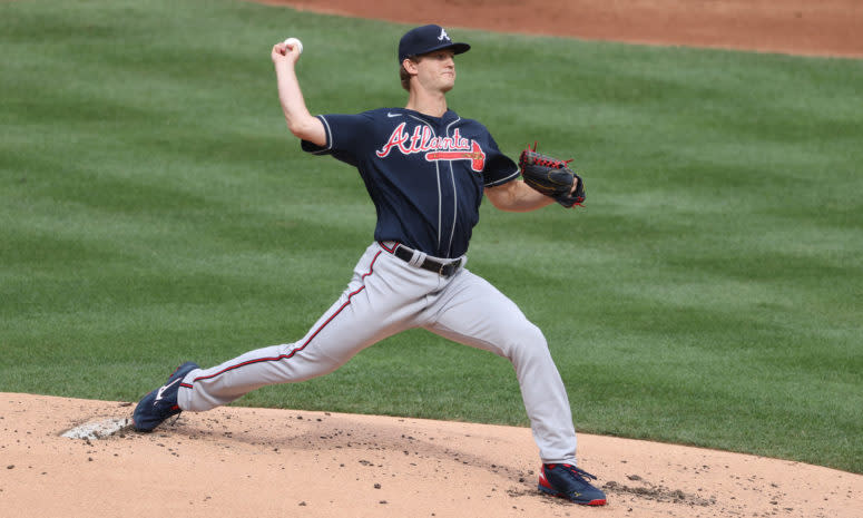 Mike Soroka of the Atlanta Braves throws a pitch in a game.