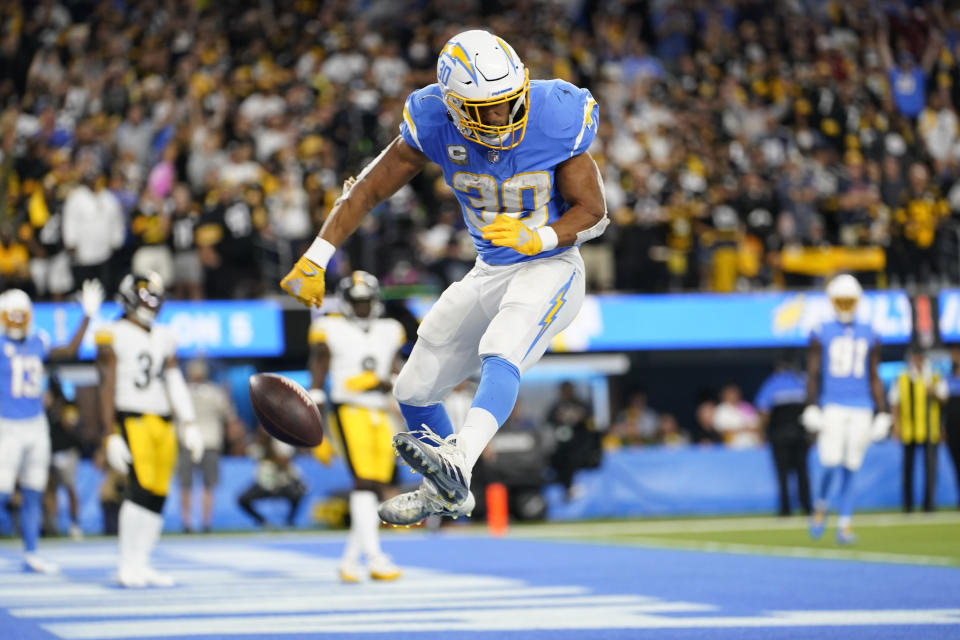 Los Angeles Chargers running back Austin Ekeler celebrates after scoring a touchdown during the second half of an NFL football game against the Pittsburgh Steelers, Sunday, Nov. 21, 2021, in Inglewood, Calif. (AP Photo/Ashley Landis)