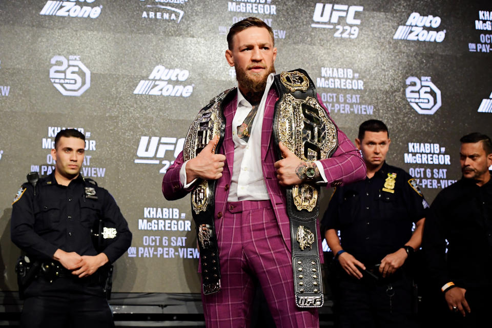 Conor McGregor poses for photos during the UFC 229 Press Conference at Radio City Music Hall on September 20, 2018 in New York City. (Getty Images)