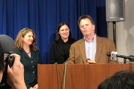 Edwin Hardeman (R), with his attorneys Jennifer Moore (L) and Aimee Wagstaff, speaks to the media, after having been awarded more than $80 million by a U.S. jury after Bayer AG’s weed killer Roundup was found liable for his non-Hodgkin’s lymphoma, at the Federal court in San Francisco, California, U.S., March 27, 2019. REUTERS/Alexandria Sage