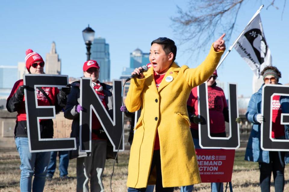 Missouri State Representative Emily Webber speaks to the crowd at the Kansas City Rally to End Gun Violence on Saturday at Washington Square Park.