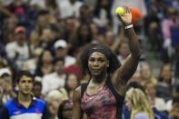 Serena Williams of the U.S. waves after her victory over Vitalia Diatchenko of Russia after Diatchenko retired from their match due to an injury at the U.S. Open Championships tennis tournament in New York, August 31, 2015. REUTERS/Lucas Jackson