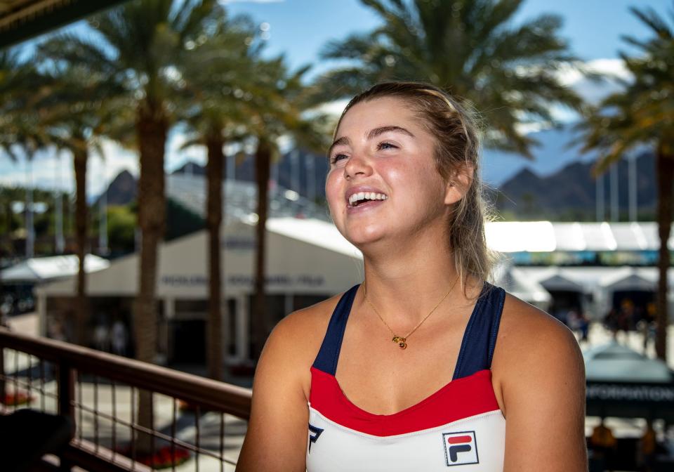 Professional pickleball player Anna Leigh Waters laughs during a media interview at the USA Pickleball National Championships in Indian Wells, Calif., Wednesday, Nov. 9, 2022. 