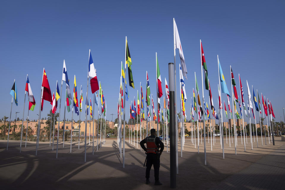 A member of the security forces stands guard outside a convention center hosting the IMF and World Bank annual meetings, in Marrakech, Morocco, Sunday, Oct. 8, 2023. The International Monetary Fund and World Bank kick off their annual meeting in Marrakech on Monday, one month after a deadly earthquake struck Morocco and killed nearly 3,000 people. (AP Photo/Mosa'ab Elshamy)