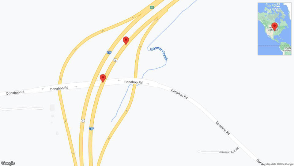 A detailed map that shows the affected road due to 'Broken down vehicle on northbound I-435 in Kansas City' on July 25th at 9:32 p.m.