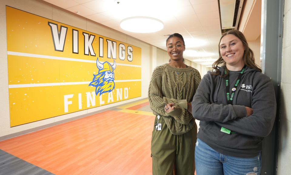 Braedyn West, (left) a counseling intern; and Abby Smarkel, a school-based clinician with The Buckeye Ranch, are working with students at Finland Middle School in the South-Western City Schools.