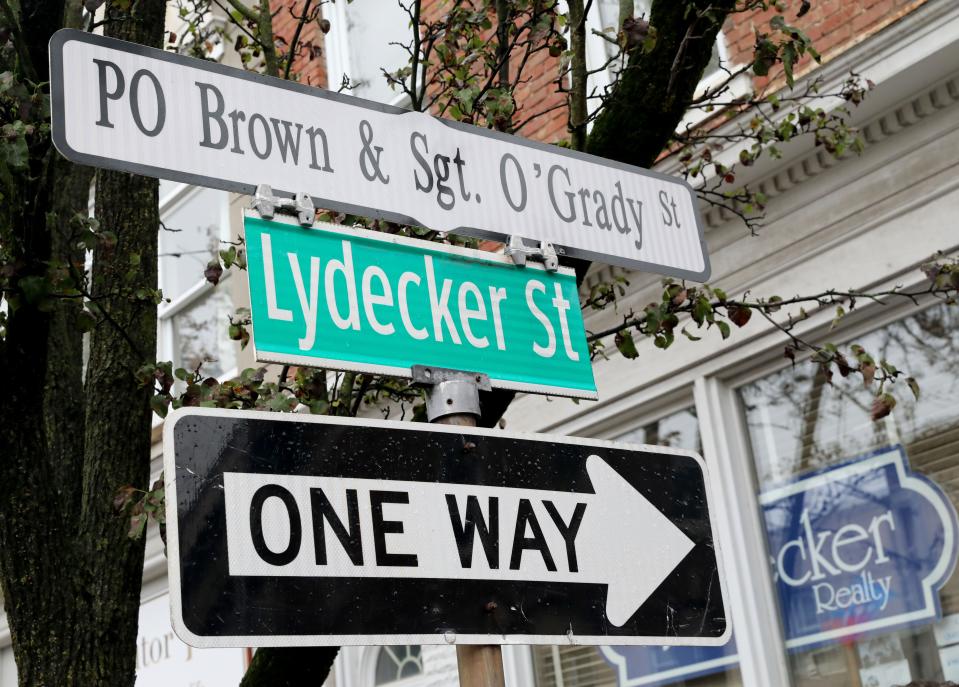The new sign renaming Lydecker Street in Nyack, after slain Nyack Police Sgt. Edward O'Grady and Officer Waverly "Chipper" Brown is pictured Oct.. 20, 2023.