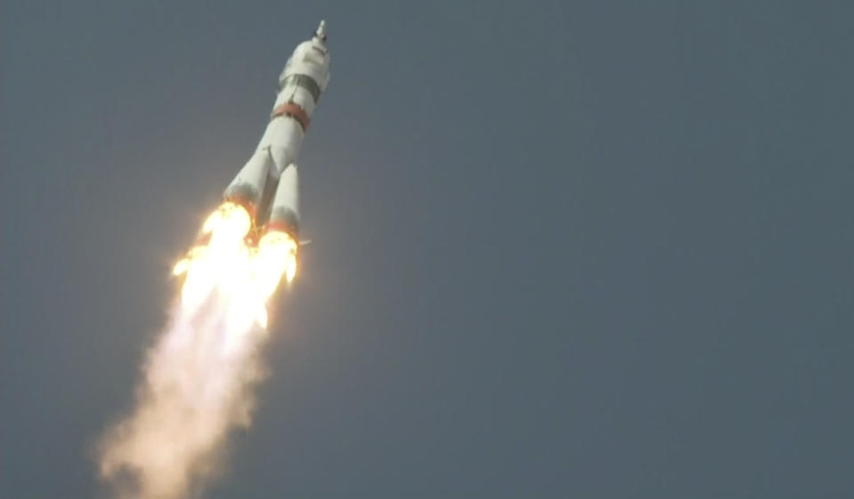 In this photo taken from video footage released by the Roscosmos Space Agency, the Soyuz-2.1a rocket booster with Soyuz MS-18 space ship carrying a new crew to the International Space Station, ISS, flies at the Russian leased Baikonur cosmodrome, Kazakhstan, Friday, April 9, 2021. A Russian-U.S. trio of space travelers have launched successfully, heading for the International Space Station. NASA astronaut Mark Vande Hei and Russian cosmonauts Oleg Novitskiy and Pyotr Dubrov blasted off as scheduled at 12:42 p.m. (0742 GMT, 3:42 a.m. EDT) Friday aboard the Soyuz MS-18 spacecraft from the Russia-leased Baikonur launch facility in Kazakhstan. (Roscosmos Space Agency via AP)