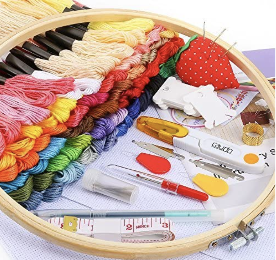 PHOTO: Amazon. Embroidery Beginners Kit with Instructions, 100 Skeins Threads and a Circular Packing Bag