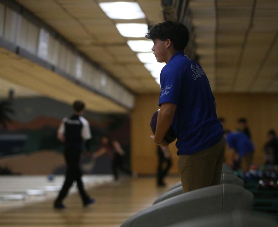 Hendrick Hudson's Tyler Muranaka bowls in the Section 1 boys bowling championship in Fishkill on February 14, 2024. Muranaka led the tournament with 1,413 pins.