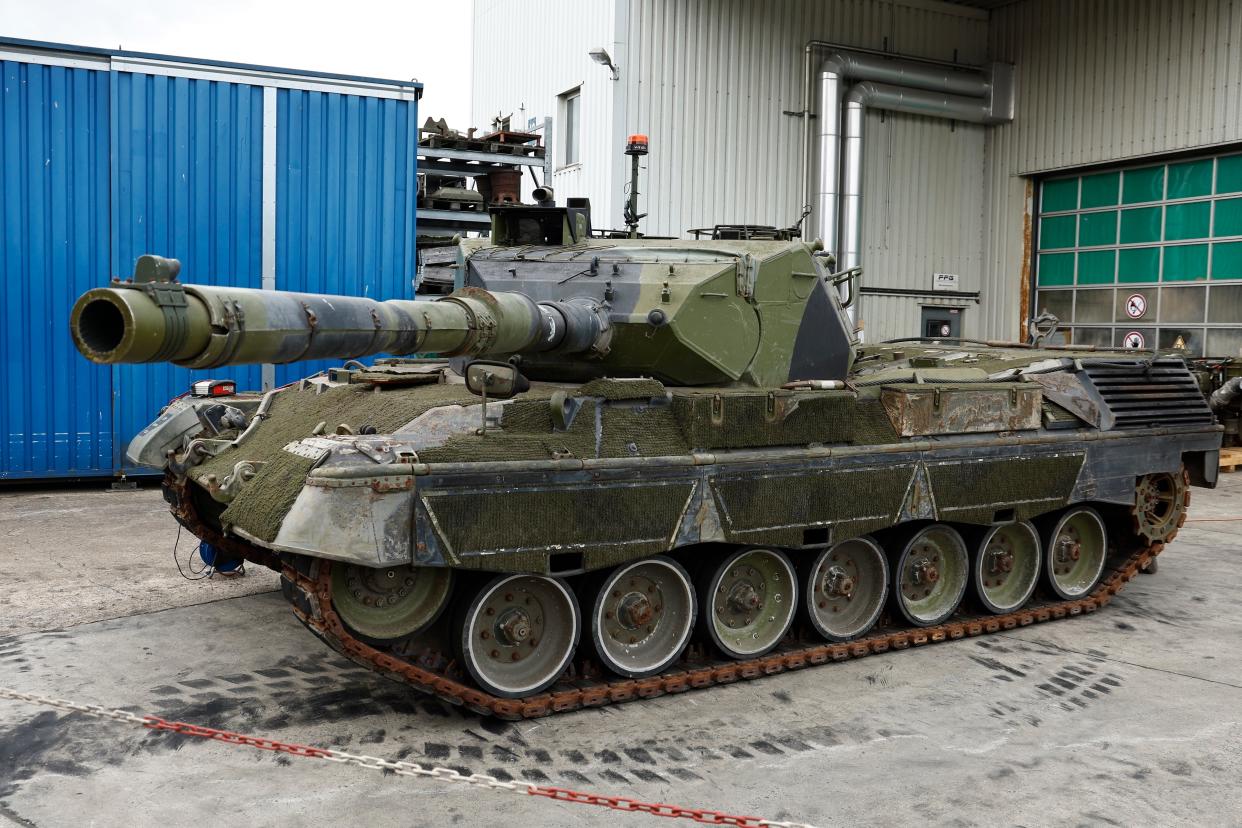 A Leopard 1 A5 battle tank is seen at FFG Flensburger Fahrzeugbau Gesellschaft - a private company that is refurbishing Leopard 1 tanks that are being donated by NATO member countries to Ukraine (EPA)