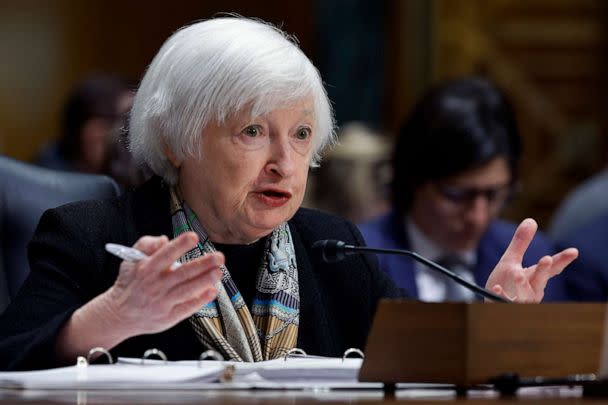 PHOTO: U.S. Treasury Secretary Janet Yellen testifies about the Biden Administration's FY2024 federal budget proposal before the Senate Finance Committee in the Dirksen Senate Office Building on Capitol Hill, March 16, 2023, in Washington, D.C. (Chip Somodevilla/Getty Images)