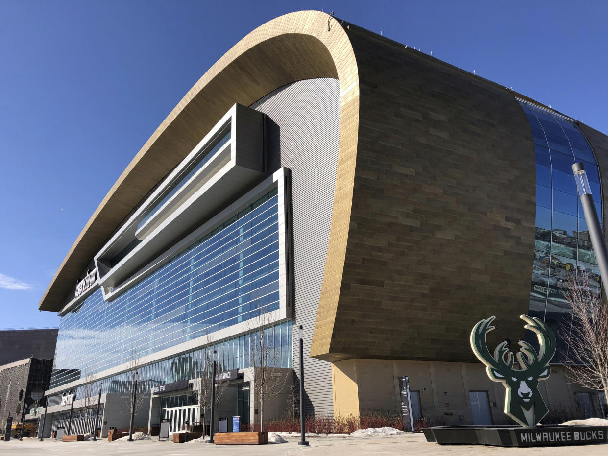 The Fiserv Forum, Milwaukee's new downtown arena that opened in the summer of 2018, is seen on Monday, March 11, 2019. Democrats picked Milwaukee on Monday to host their 2020 national convention, setting up the party's standard-bearer to accept the presidential nomination in the heart of the old industrial belt that delivered Donald Trump to the White House. Democratic Party proceedings will play out in the 17,500-seat arena that Republican Wisconsin Gov. Scott Walker helped build for the NBA's Milwaukee Bucks by securing public financing from state lawmakers.  (AP Photo/Carrie Antlfinger)