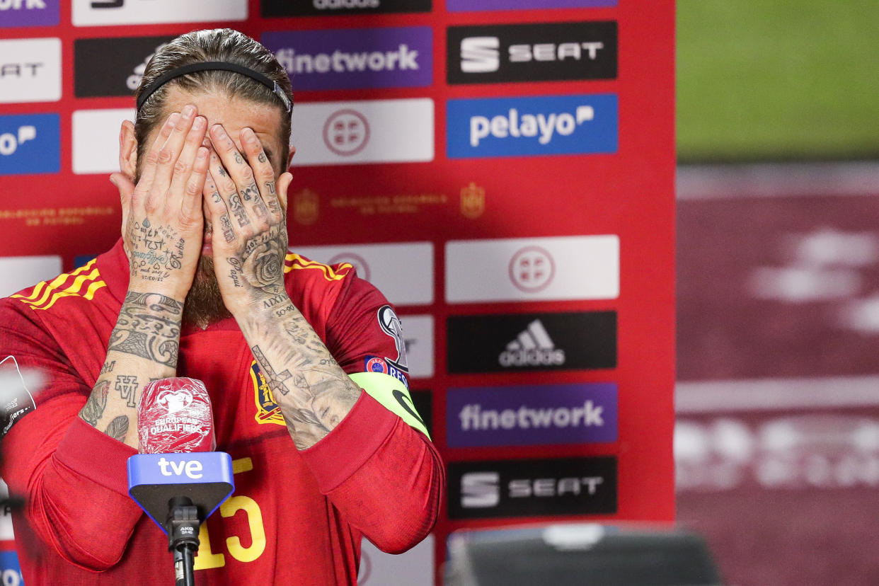 SEVILLA, SPAIN - MARCH 31: Sergio Ramos of Spain during the  World Cup Qualifier  match between Spain  v Kosovo at the  La Cartuja Stadium on March 31, 2021 in Sevilla Spain (Photo by David S. Bustamante/Soccrates/Getty Images)