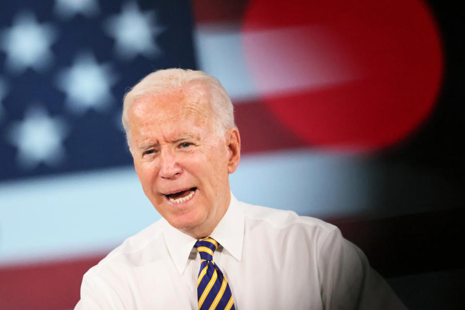 President Joe Biden speaks at Mack Truck Lehigh Valley Operations on July 28, 2021 in Macungie, Pennsylvania. (Michael M. Santiago/Getty Images)