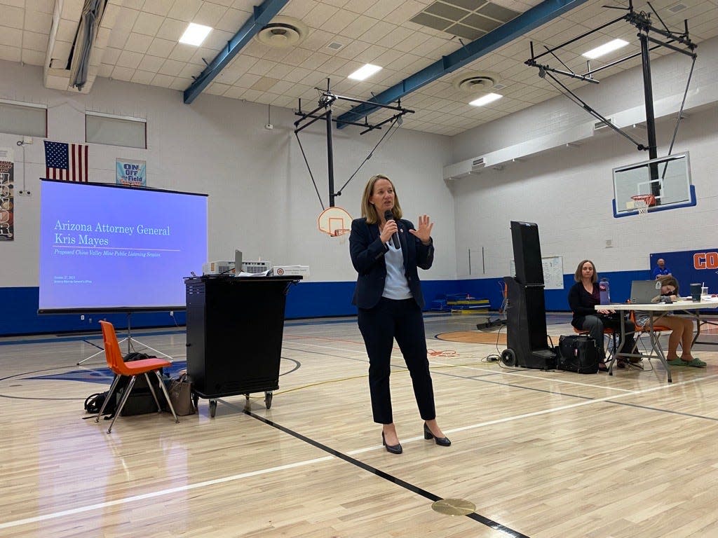 Arizona Attorney General Kris Mayes speaking at a listening session on Oct. 27, 2023 about a proposed aggregate mine in Chino Valley.