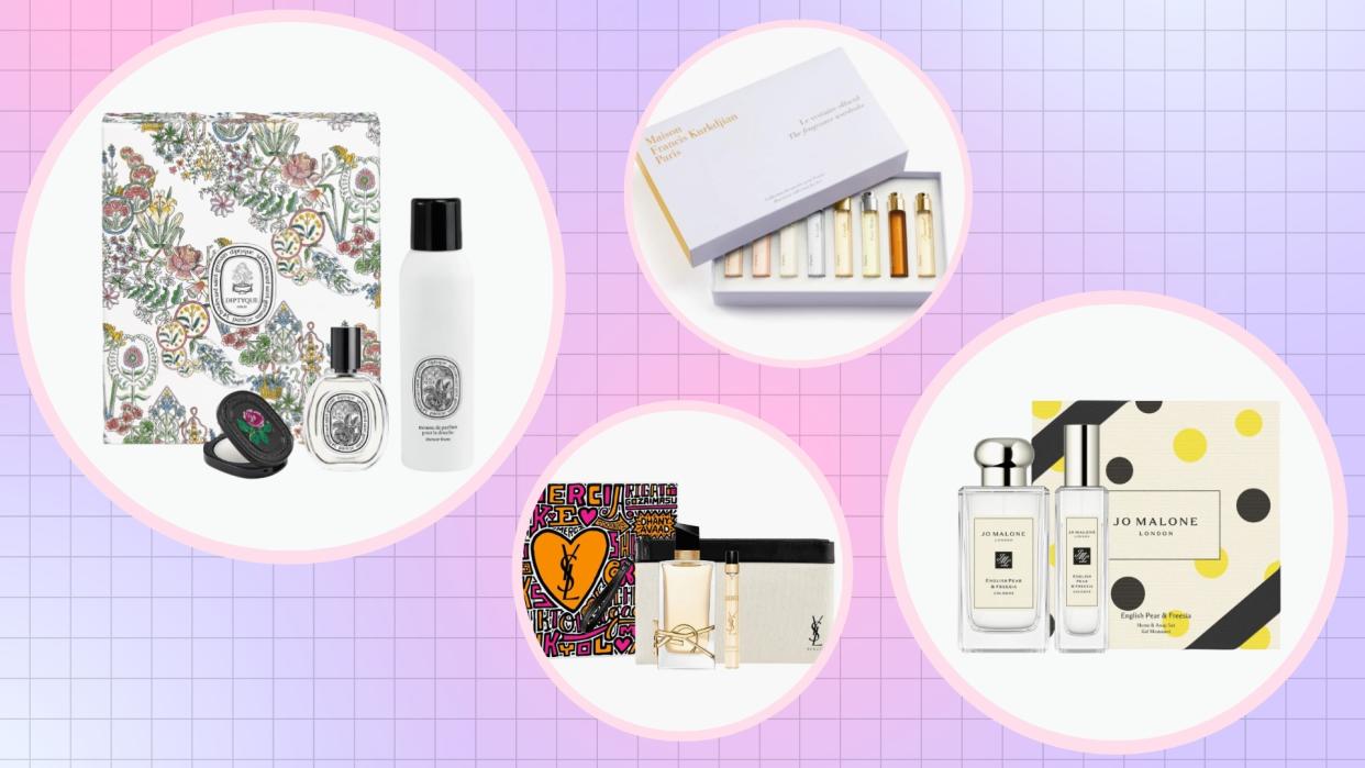  Nordstrom perfume deals: picture gift sets from Diptyque, YSL, Jo Malone and Maison Francis Kurdjian / in a pink and blue template 