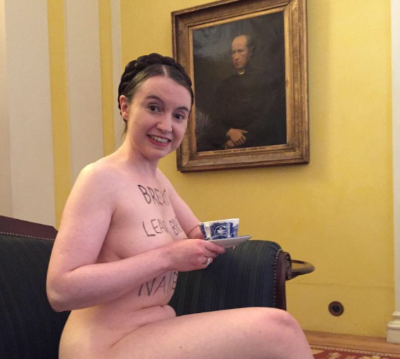 Dr Victoria Bateman uses nudity to protest issues such as women’s rights and Brexit. Photo: Twitter/Dr Victoria Bateman