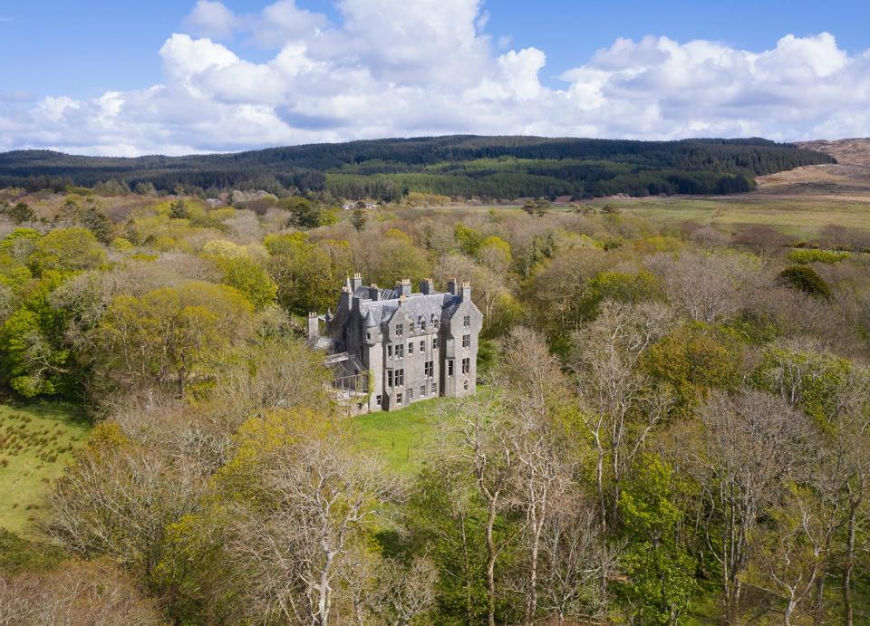 A birds-eye view of Kilberry Castle, a 500 year old castle now for sale in Scotland.