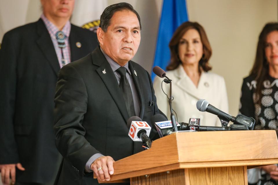 Muscogee Nation Principal Chief David Hill speaks at a news conference in 2022.